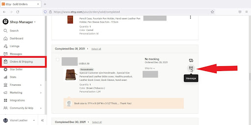 Etsy Message to Buyers Examples-Click the Message button on that order