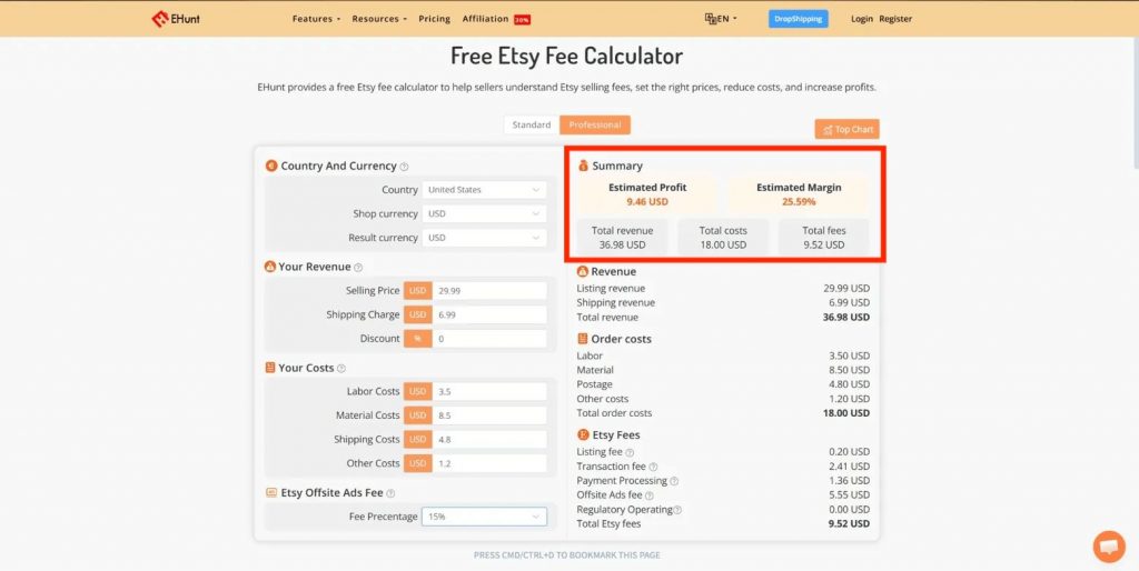 free etsy fee calculator