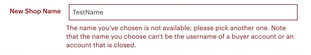 shop name unavailable error message