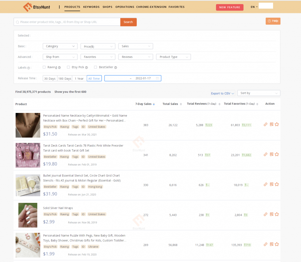 EtsyHunt supports facet search to help sellers find trendy products that boost sales