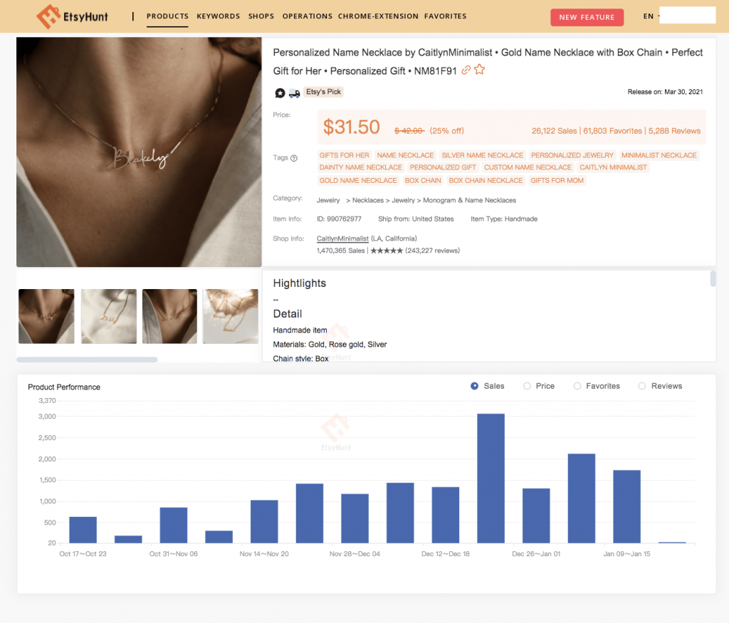 The visual analysis shows a product's performance to help sellers predict whether it can get sales on Etsy