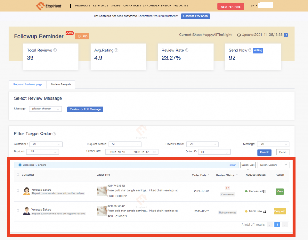 While reviews are critical for boosting sales on Etsy, EtsyHunt assists you to manage reviews