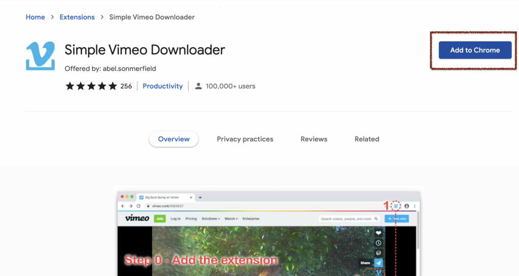 Detail page of Simple Vimeo Downloader