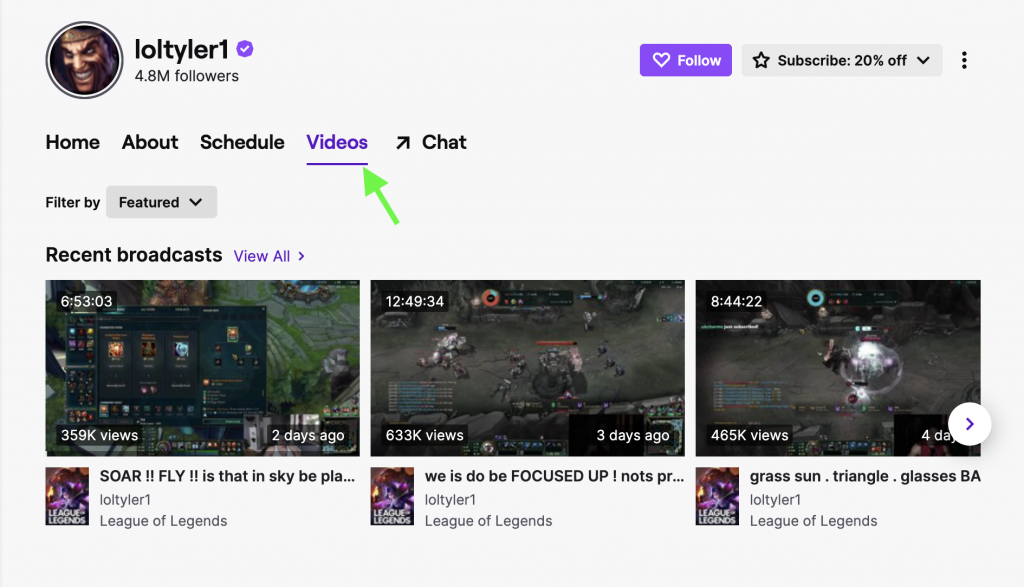 Twitch VODs in "Videos" on the streamer's profile