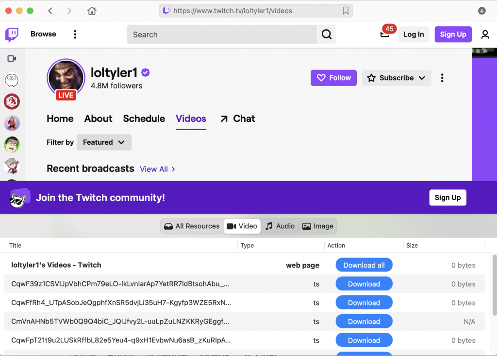Twitch video data, choose any one to download and click "Download"