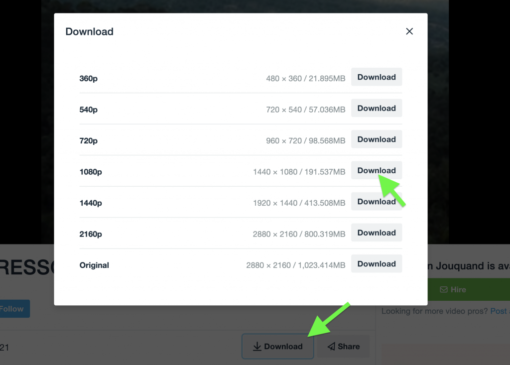 Open a Vimeo video and click the "Download" button in the lower right corner