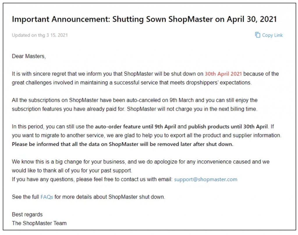 Is Shopmaster shut down?