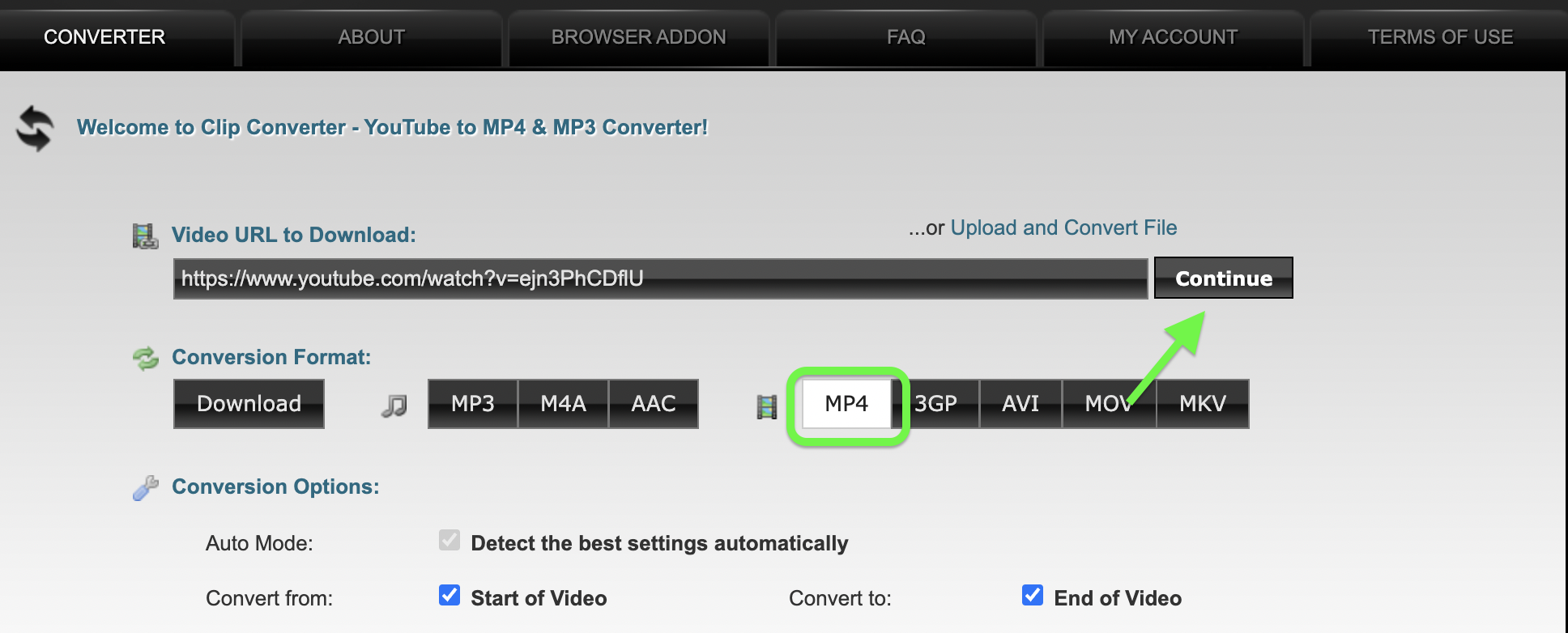 Select Mp4 format and click the Continue button;
