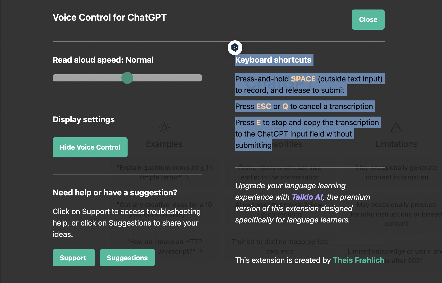 This Chrome extension allows you to have voice conversations with ChatGPT.