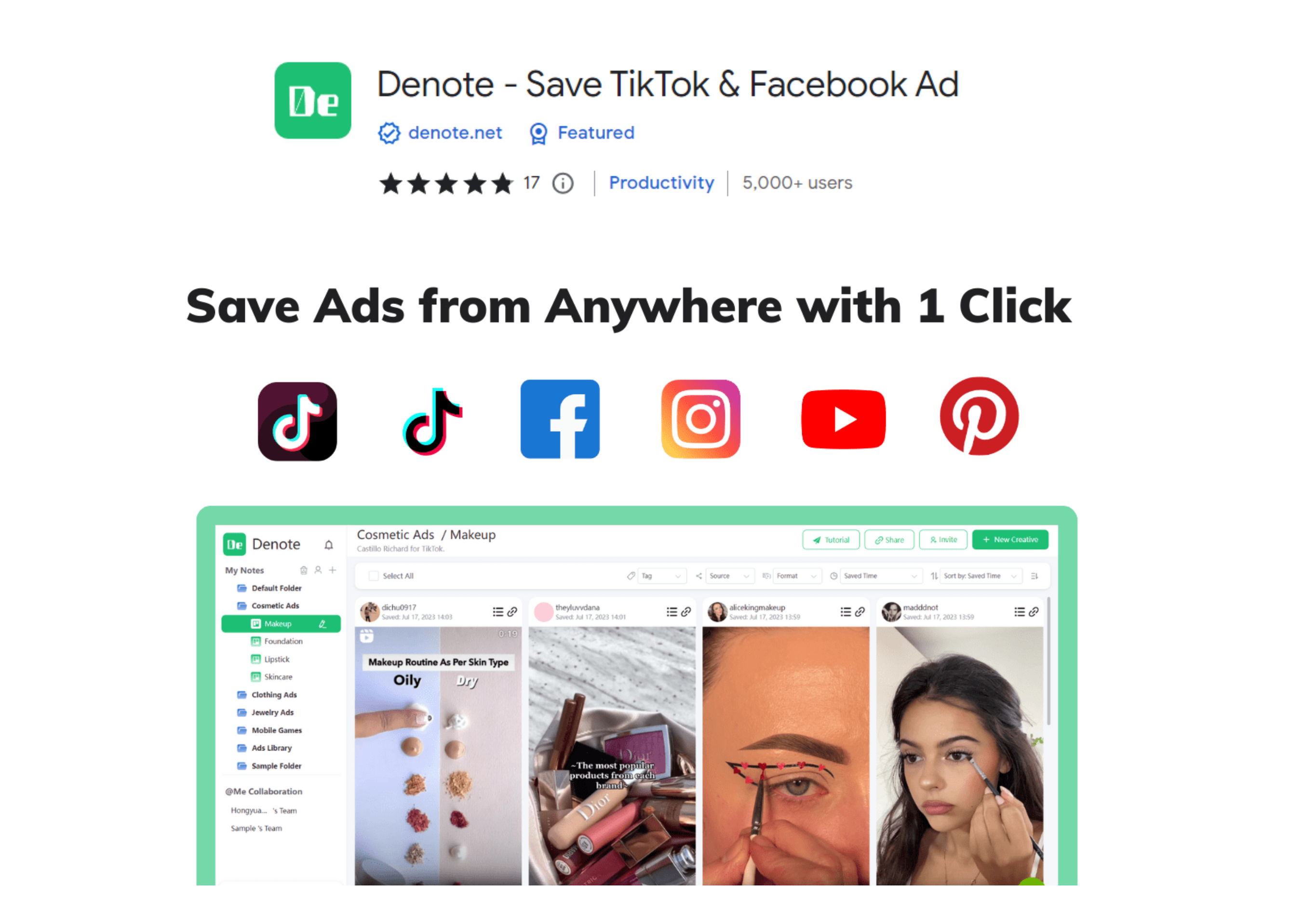 Denote, download Facebook Ad Library ads, Tiktok ads without watermark