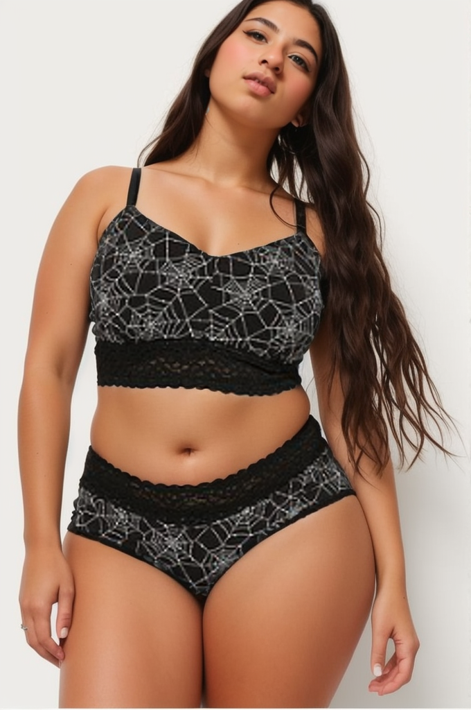 Curve african american woman plus size model in lace black lingerie looking  in camera in bedroom. Generative AI ilustração do Stock