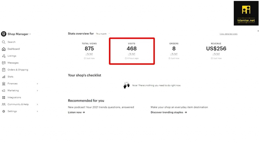 Etsy visits vs views: The dashboard of Hyfa's Etsy shop