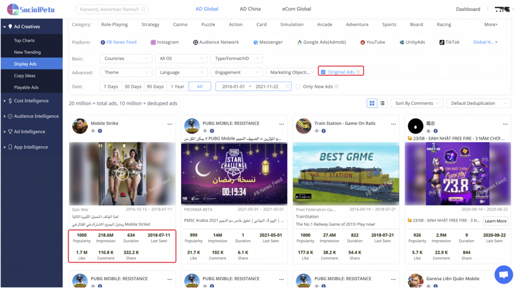 SocialPeta original post ads interface displaying engagement metrics such as likes comments and shares