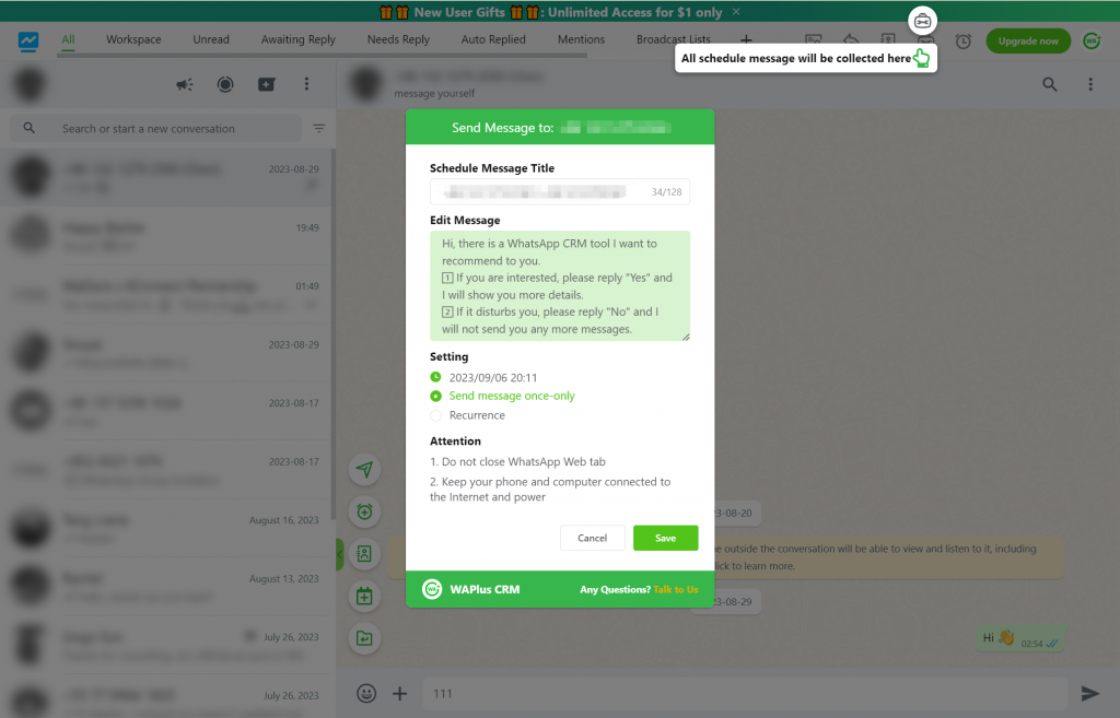  WhatsApp Web with WAPlus: Features of Schedule Messaging