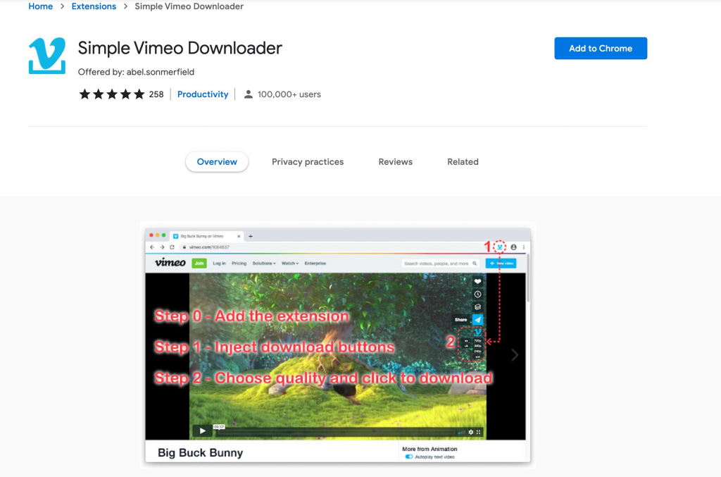 Detail page of Simple Vimeo Downloader