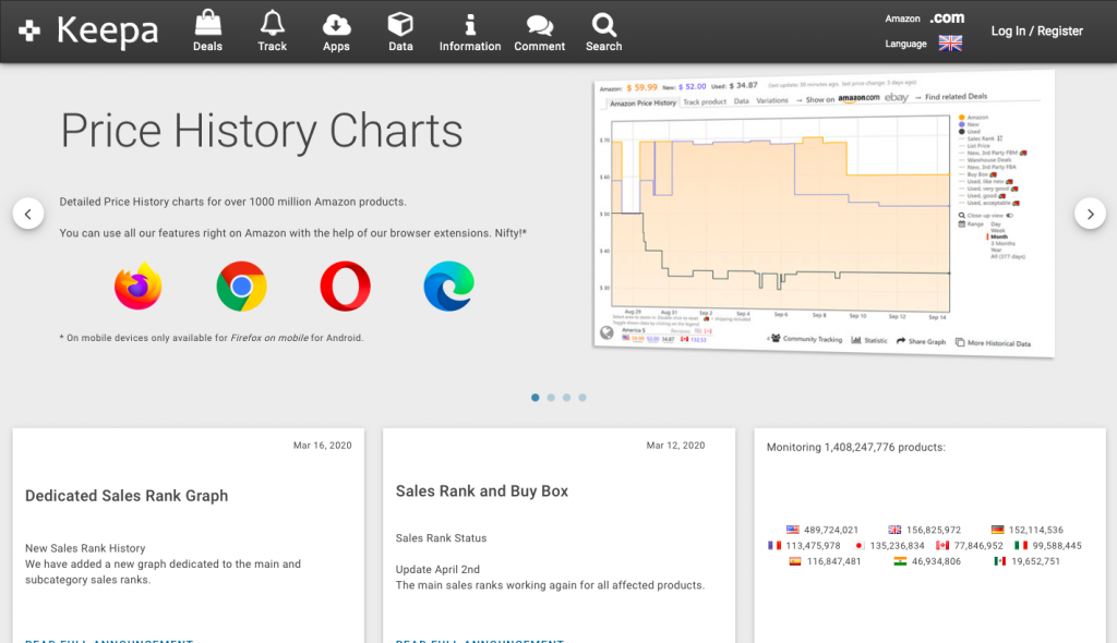 the homepage of Keepa -- AmzChart