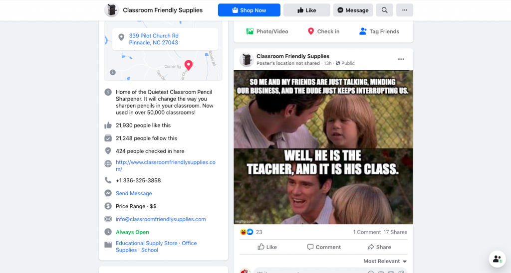 Facebook page of Classroomfriendlysupplies -- FindNiche