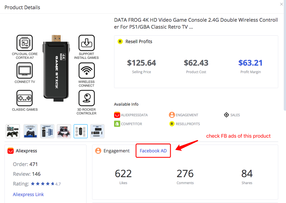 Check FB ads of products with FindNiche
