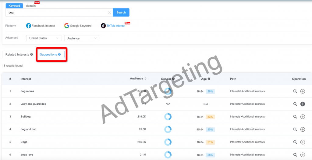 AdTargeting's suggestins results