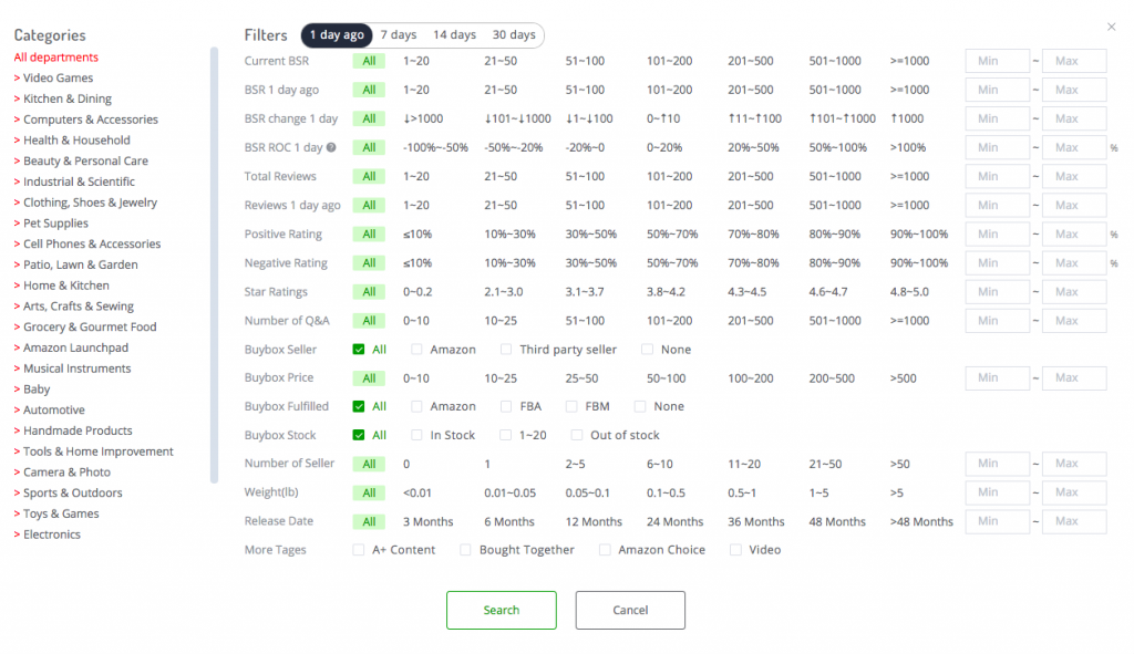 Product research filters -- AmzChart