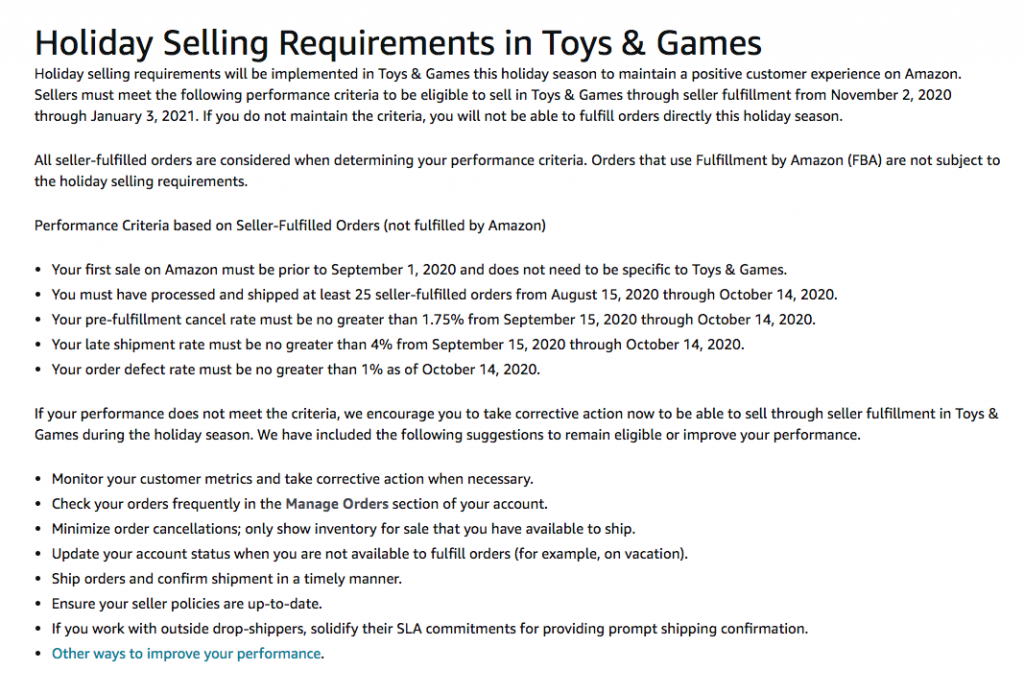 Amazon holiday selling requirements in Toys & Games -- AmzChart
