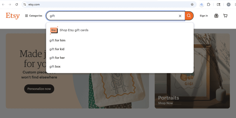 searching in etsy