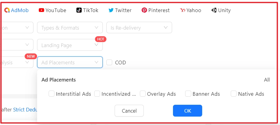 You can filter different Google AdMob ad placements on BigSpy.